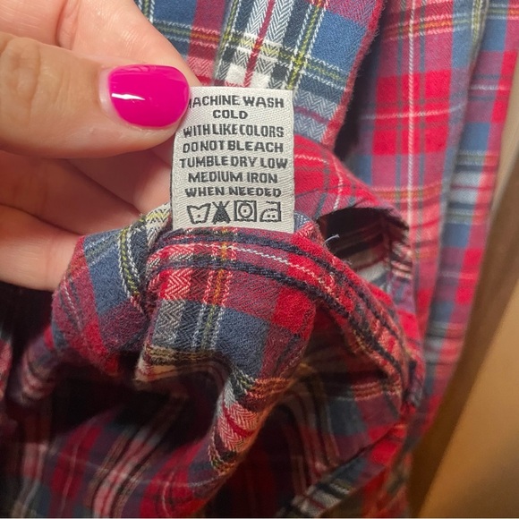 PD&C Mens Medium Red White Blue Plaid Button Shirt snap pockets flaps flannel - Picture 5 of 5